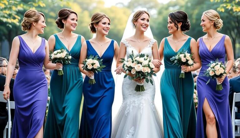 The bridesmaids and bride walk down the aisle, their dresses flowing gracefully as they smile and chat with each other