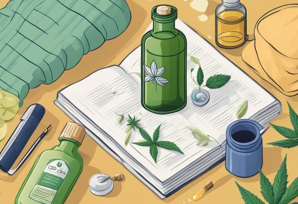 CBD oil bottle surrounded by cancer symptom relief items: a warm blanket, herbal tea, and a journal