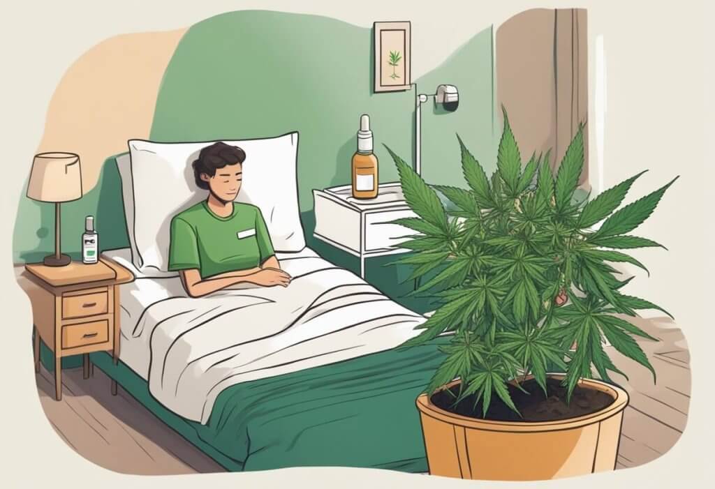 Cannabis plant next to a cancer patient's bed, with a bottle of CBD oil and a relieved expression on the patient's face