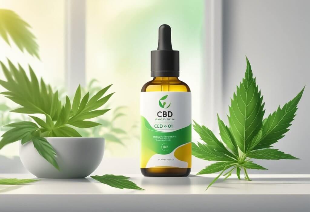 A bottle of CBD oil stands next to a jar of moisturizer on a clean, white countertop. A leafy green plant is in the background, and soft natural light illuminates the scene