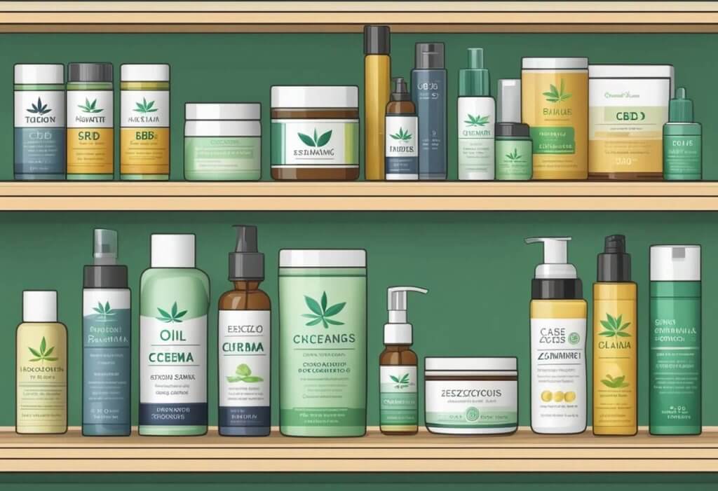 A variety of CBD products, such as creams, oils, and balms, displayed on a shelf with labels indicating use for eczema and psoriasis