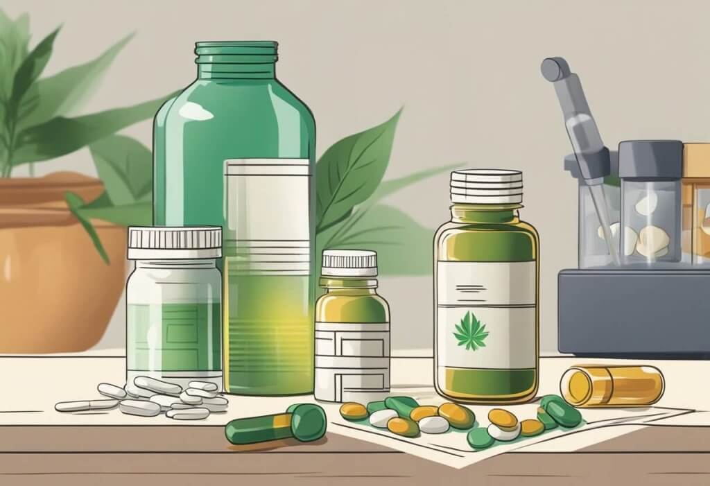 CBD for Arthritis - A bottle of CBD oil sits on a table next to a jar of pills and a diagram of inflamed joints, symbolizing its role in arthritis management