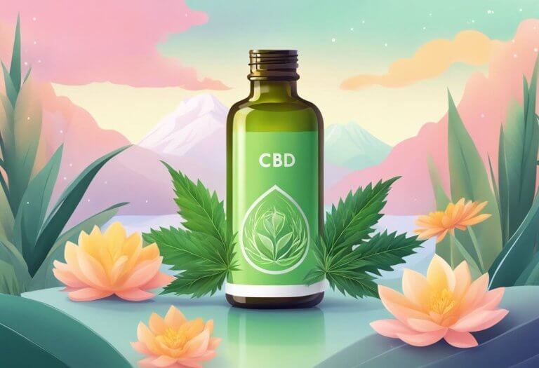 CBD for Cancer Pain - A serene, peaceful setting with a bottle of CBD oil surrounded by soothing colors and natural elements, conveying relief from cancer pain