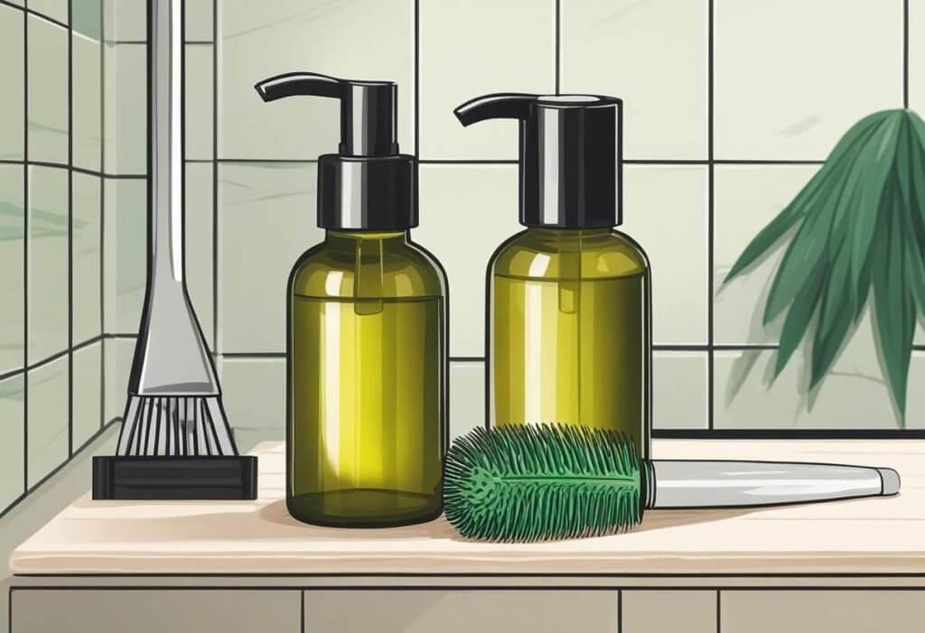 A bottle of CBD oil sits next to a hairbrush on a bathroom counter, with a background of a dry scalp and flaky skin