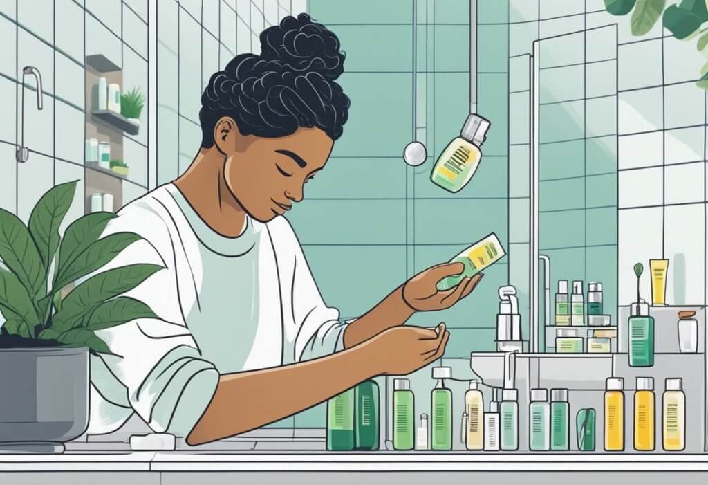 A person selecting and applying CBD scalp products from a variety of options on a clean, organized bathroom counter