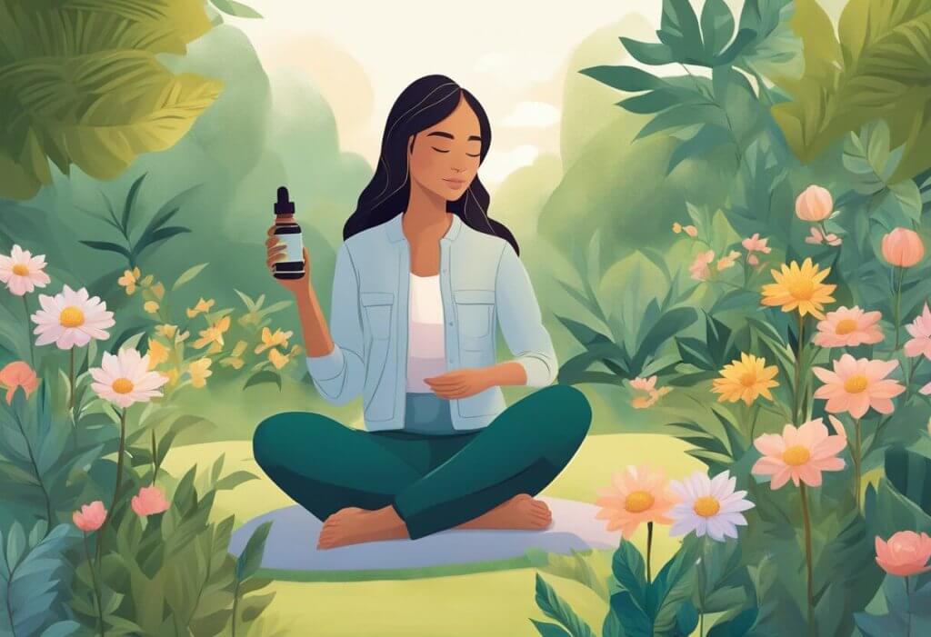 CBD for Endometriosis - A woman sits in a peaceful garden, surrounded by blooming flowers and calming greenery. She holds a bottle of CBD oil, with a look of relief on her face