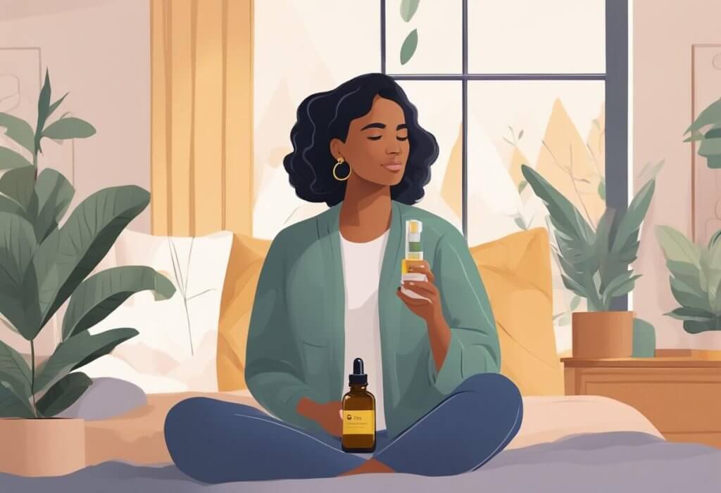 A woman sits on her bed, holding a bottle of CBD oil with a look of relief on her face as she manages her endometriosis symptoms