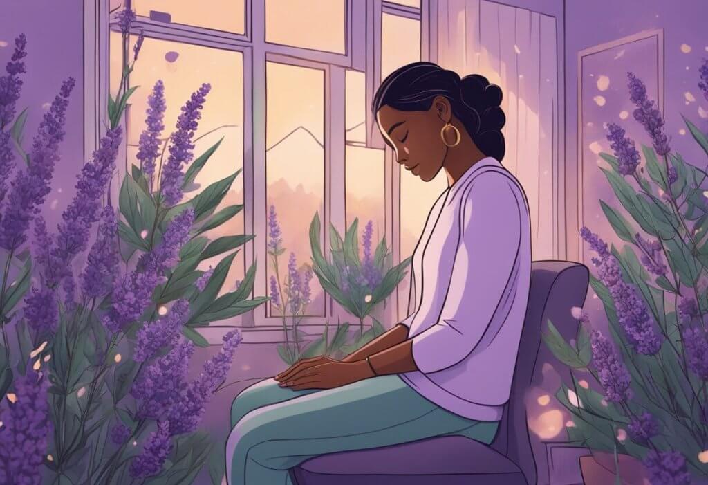 A person with Fibromyalgia finding relief through CBD, surrounded by calming elements like lavender, soft lighting, and a supportive community