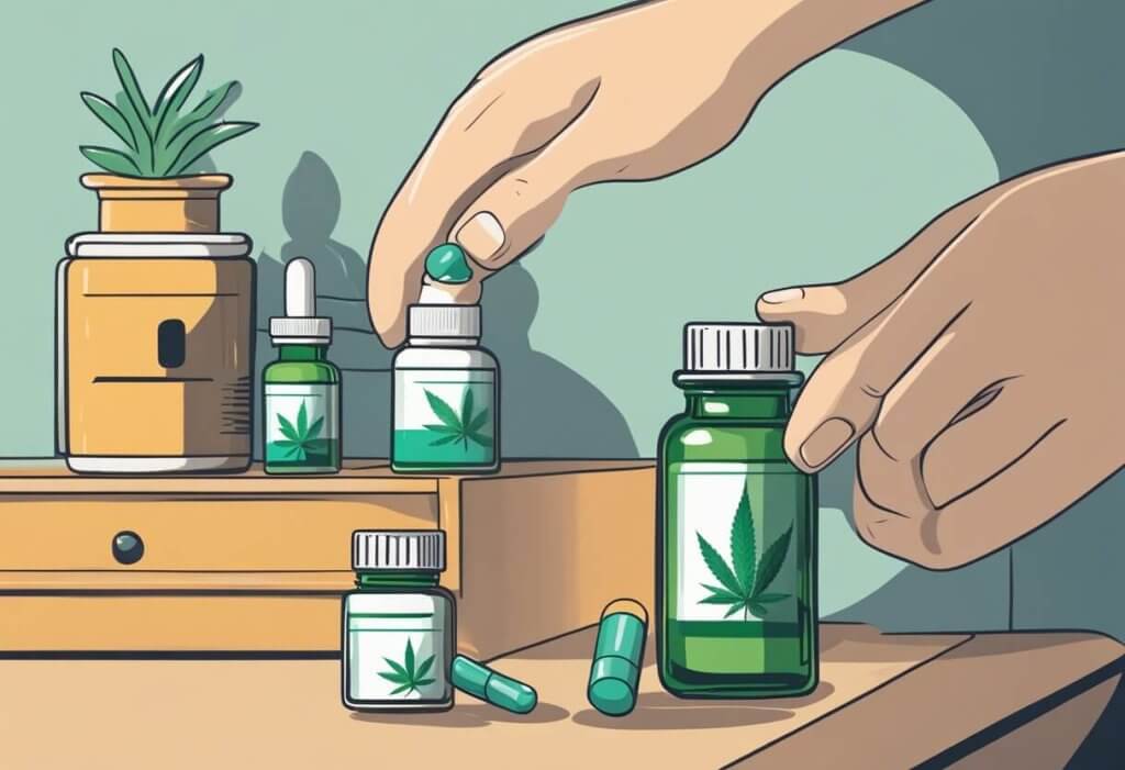 A bottle of CBD oil next to a jar of pills on a bedside table, with a person's hand reaching for the CBD oil