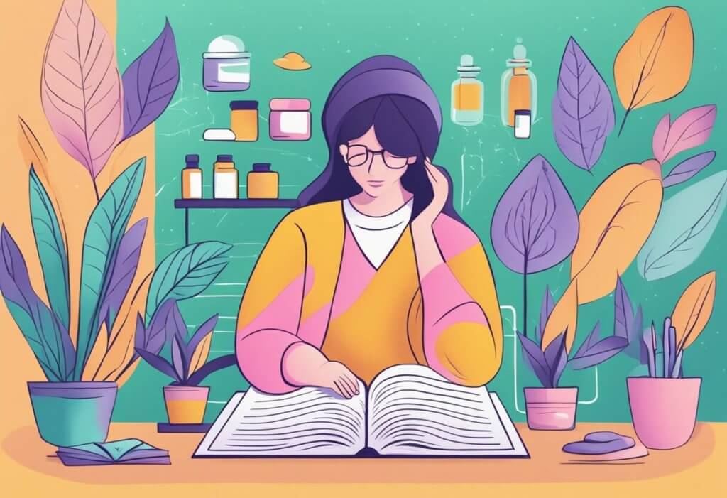 A person with fibromyalgia reads a FAQ page on CBD, surrounded by calming colors and symbols of relief