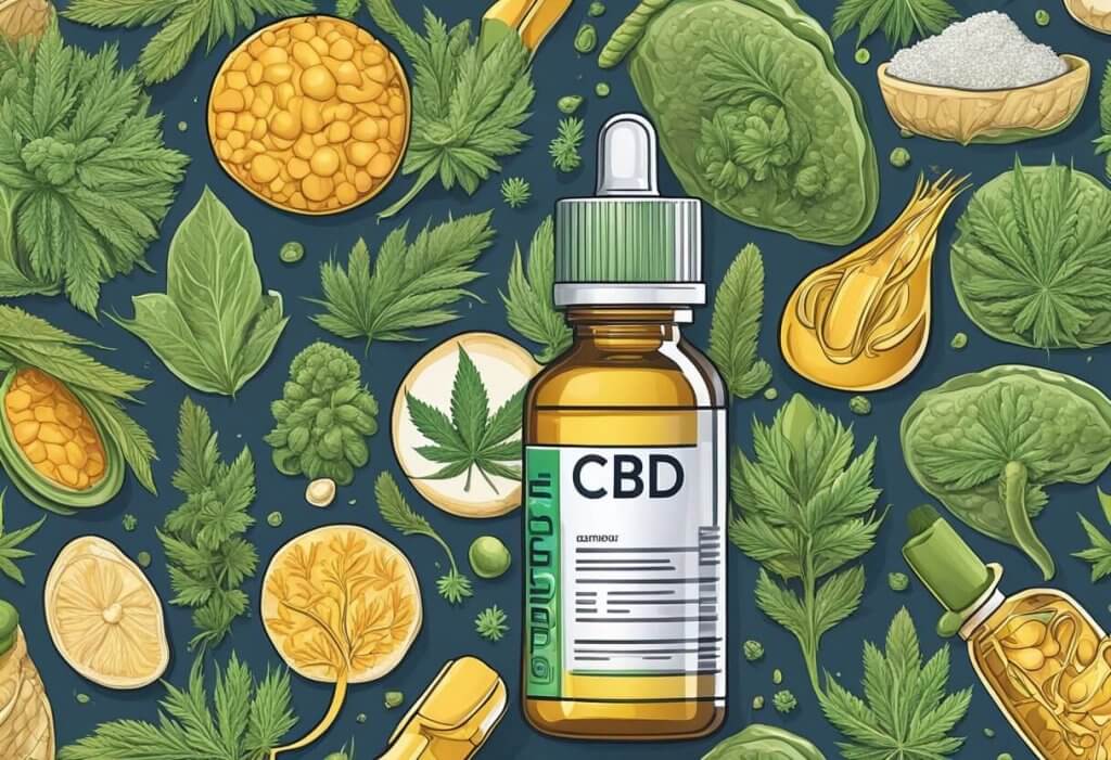 A bottle of CBD oil sits next to a healthy, vibrant digestive system, surrounded by images of the gut and intestines. The CBD oil is depicted as a protective shield around the digestive system