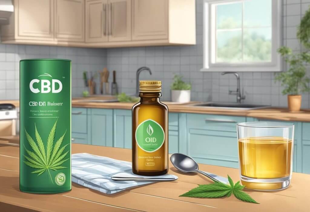 A bottle of CBD oil on a kitchen counter, with a glass of water and a spoon for administration. A diagram of the digestive system in the background