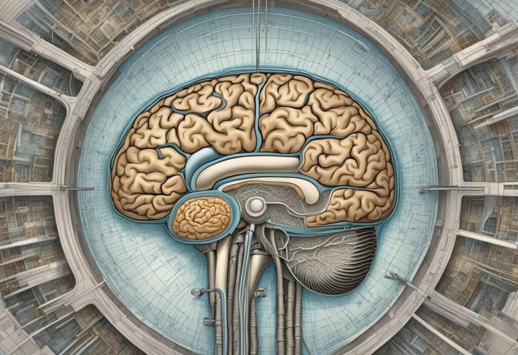 A detailed cross-section of a human brain, showing its intricate structures and pathways