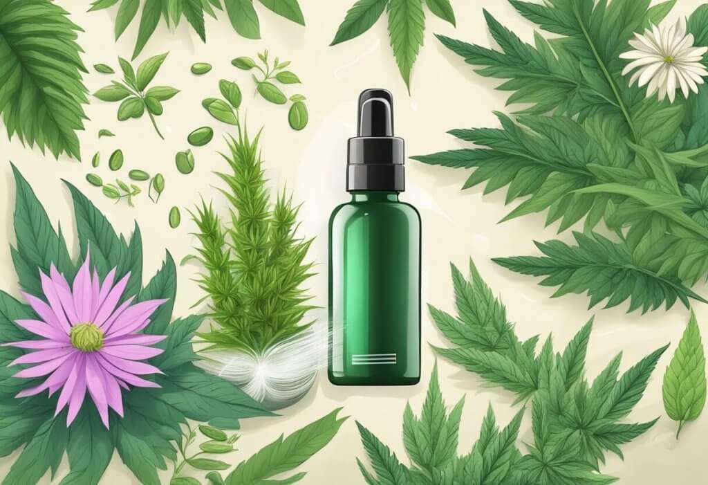 A bottle of CBD hair care product surrounded by natural elements like hemp leaves and flowers, with a scientific diagram of a hair follicle in the background