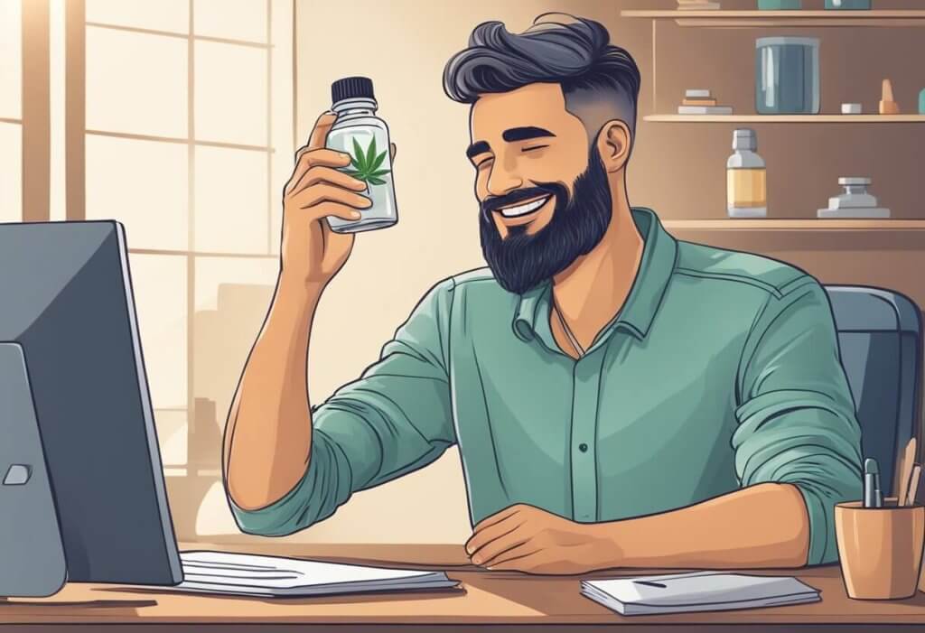 A person sitting at a desk with a bottle of CBD oil and a glass of water. A faint smile on their face as they hold their head, showing relief from a headache