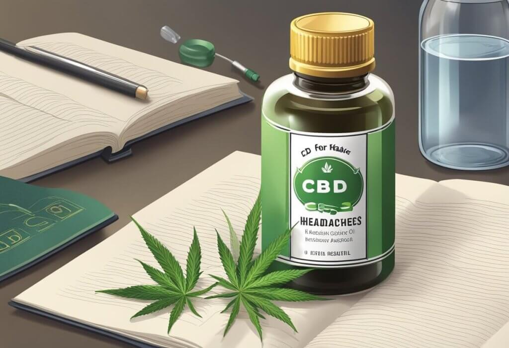 A bottle of CBD oil with a label reading "CBD for headaches" sits on a table next to a glass of water and a journal