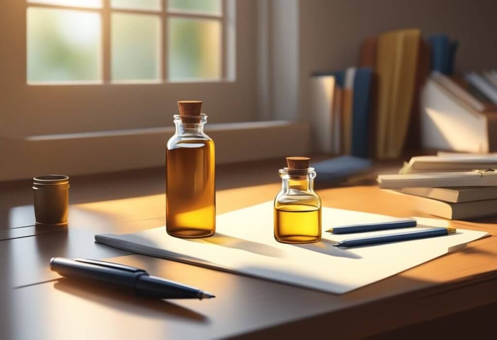 A bottle of CBD oil sits on a clean, organized desk with a notepad and pen. A bright, natural light shines through the window, casting a soft glow on the scene