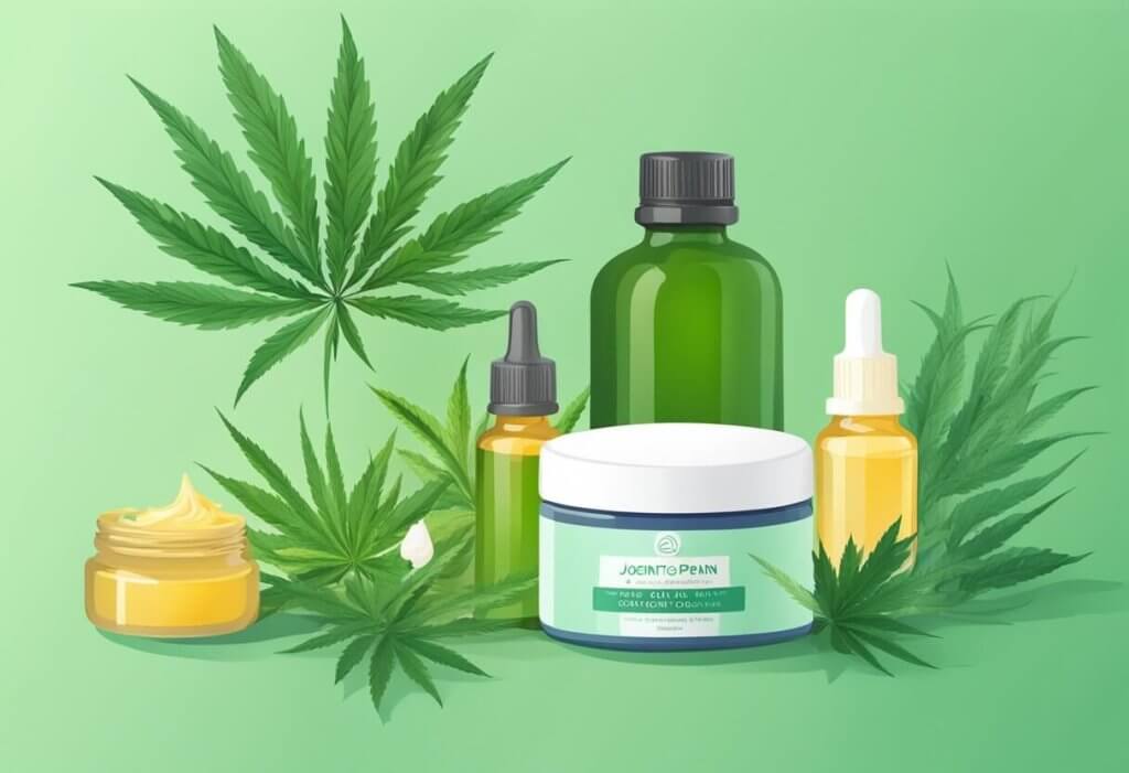 A bottle of CBD oil next to a jar of joint pain cream, with a background of green leaves and a soothing color palette