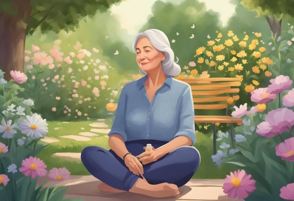 CBD for Menopause - A woman in her 50s sits in a peaceful garden, surrounded by blooming flowers and a gentle breeze. She holds a bottle of CBD oil, with a serene expression on her face