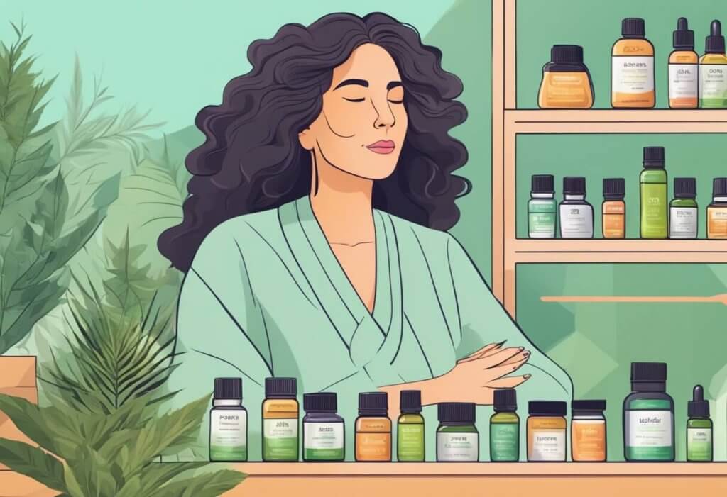 A serene woman in menopausal age surrounded by CBD products, with a sense of relief and calmness on her face