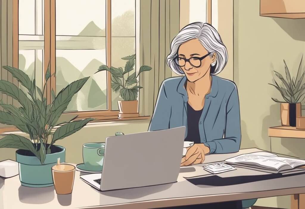 A woman in her 50s sits at a table, researching CBD for menopause on her laptop. A bottle of CBD oil and a cup of tea are placed next to her. She looks calm and focused