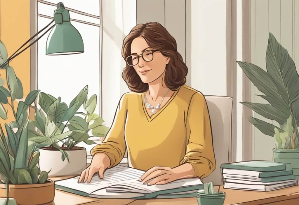 A woman in her 40s sits at a desk, reading a book titled "Frequently Asked Questions CBD for Menopause." She is surrounded by calming decor and natural light