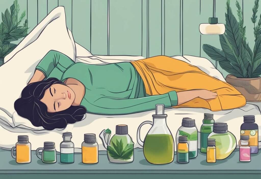 CBD for Menstrual Cramps - A woman lying in bed with a hot water bottle on her abdomen, surrounded by bottles of CBD oil and herbal tea