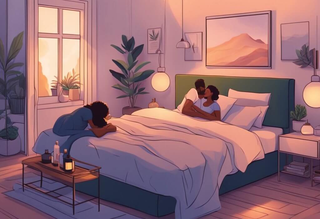 CBD for sex - A couple lies in a cozy bedroom, surrounded by soft lighting and sensual music. A bottle of CBD oil sits on the nightstand, adding to the romantic atmosphere