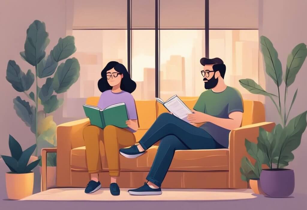 A couple sits on a cozy couch, surrounded by soft lighting and a warm atmosphere. They are reading a book titled "Frequently Asked Questions: CBD for Sex," with a curious and interested expression on their faces