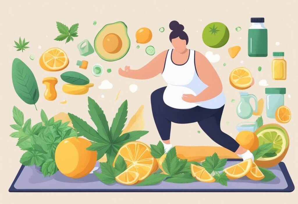 CBD for weight loss - A person taking CBD oil while exercising, surrounded by healthy food and a scale showing weight loss