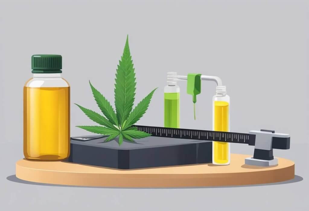 A bottle of CBD oil sits on a table next to a measuring tape and a scale, symbolizing the connection between CBD and weight loss