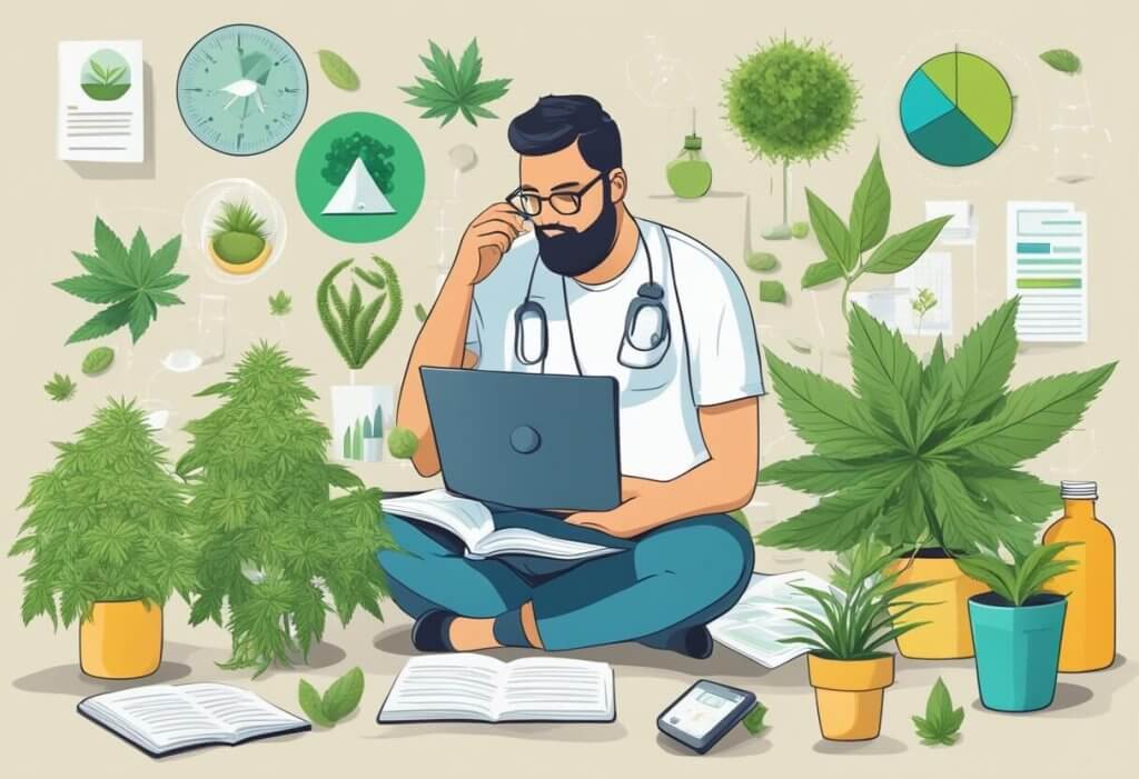 A person researching CBD's weight loss benefits, surrounded by scientific articles and natural plant imagery