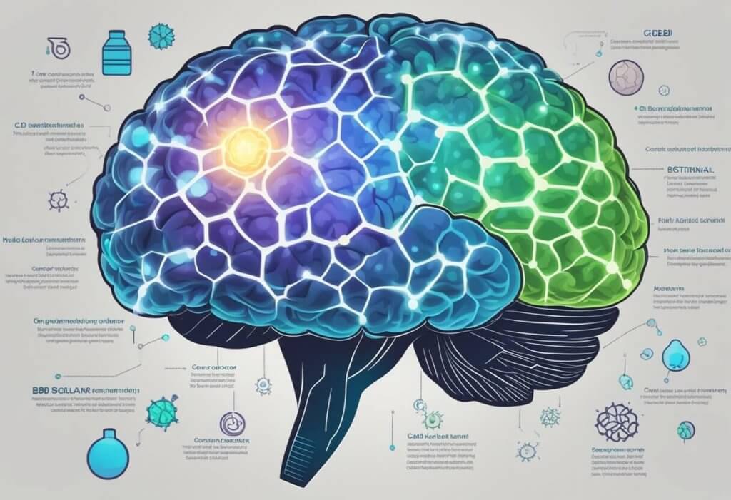 A glowing brain with a glioblastoma tumour surrounded by CBD molecules, showing potential benefits for treatment