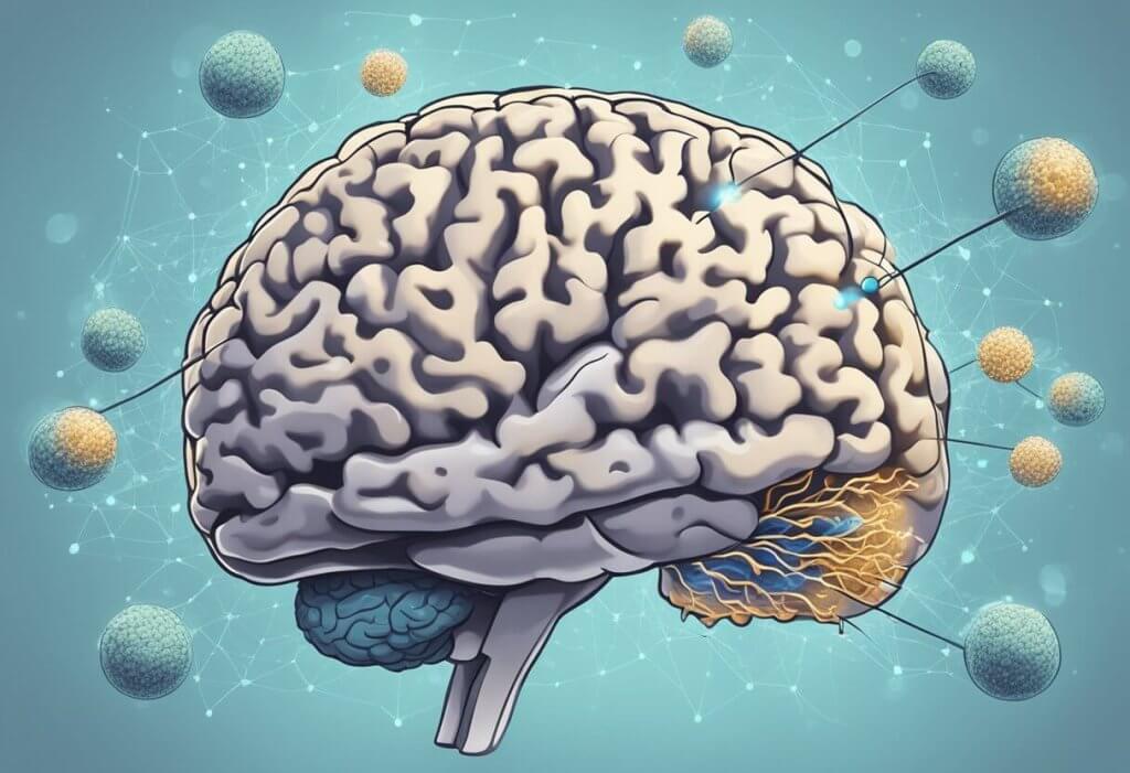 A brain with a glioblastoma tumor being targeted by CBD molecules, showing the potential benefits of CBD in treating glioblastoma