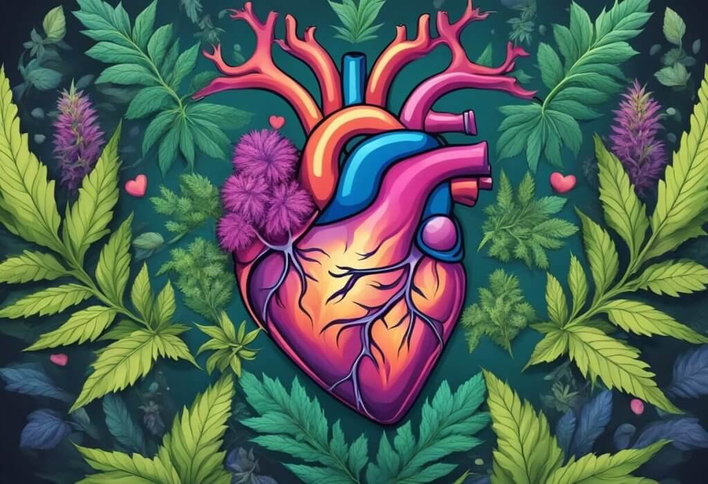 CBD heart health benefits - A vibrant heart surrounded by CBD plants, radiating health and vitality