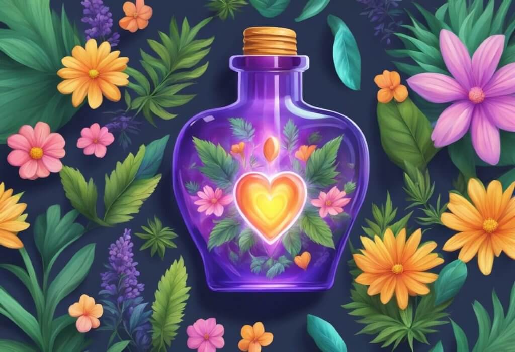 A heart-shaped bottle of CBD oil surrounded by vibrant, healthy-looking plants and flowers, with a glowing aura emanating from the bottle