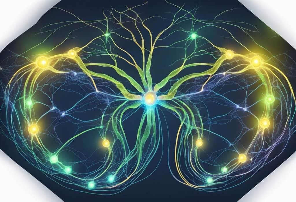 A glowing nerve pathway with CBD molecules interacting, reducing pain signals