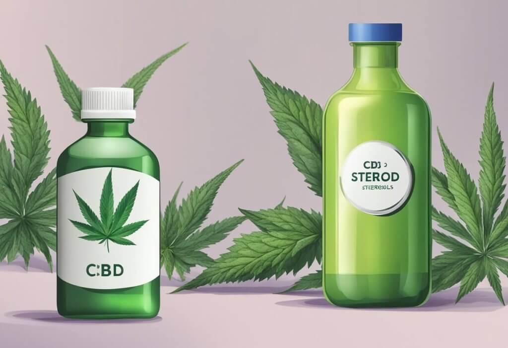 CBD bottle next to a bottle of steroids, with a question mark above them