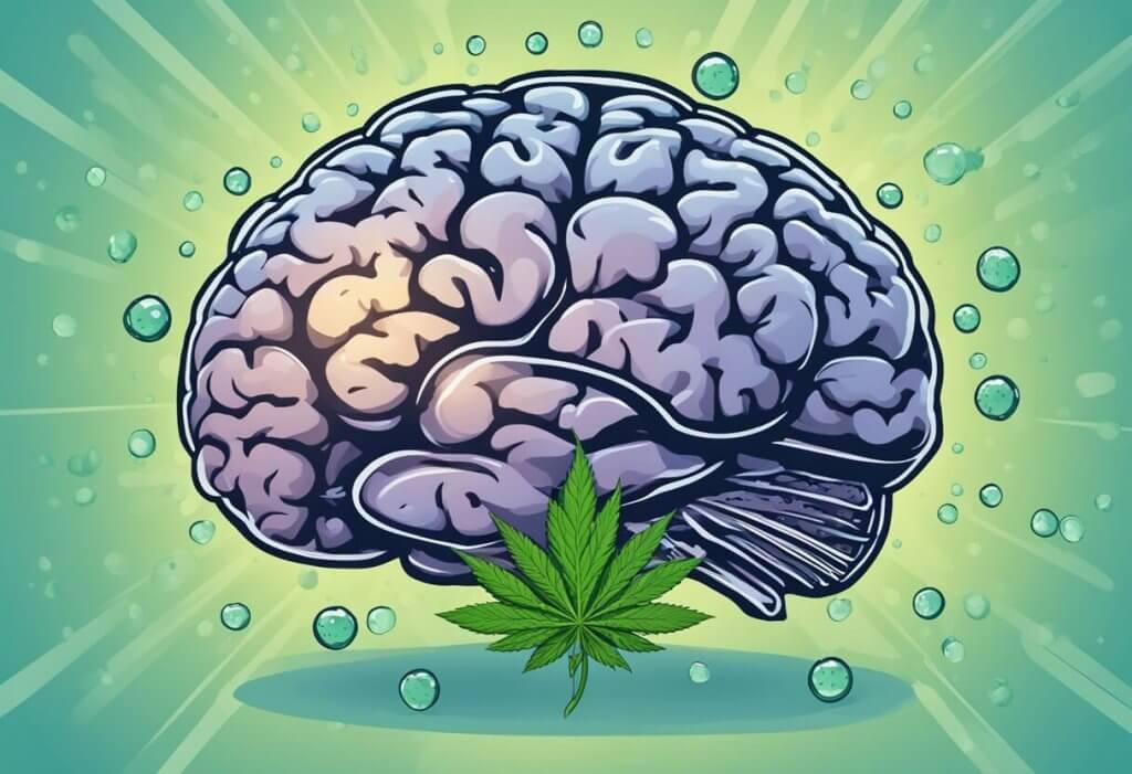 A brain surrounded by CBD oil droplets, with a shield protecting it from a stroke