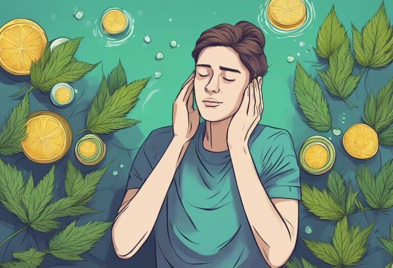 CBD for Migraines. A person with a migraine finds relief after using CBD oil, their head pain easing and a sense of calm washing over them