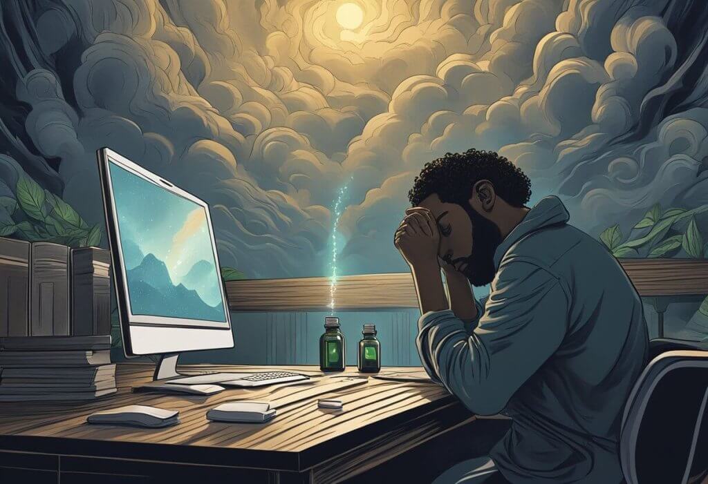 A person sitting at a desk, head in hands, surrounded by a dark, swirling cloud. A bottle of CBD oil sits nearby, with a hopeful glimmer of light breaking through the darkness