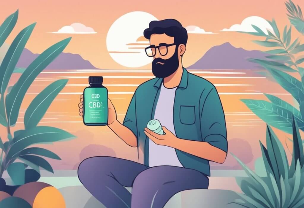 A person holding a bottle of CBD oil with a migraine relief label, surrounded by calming colors and a serene atmosphere