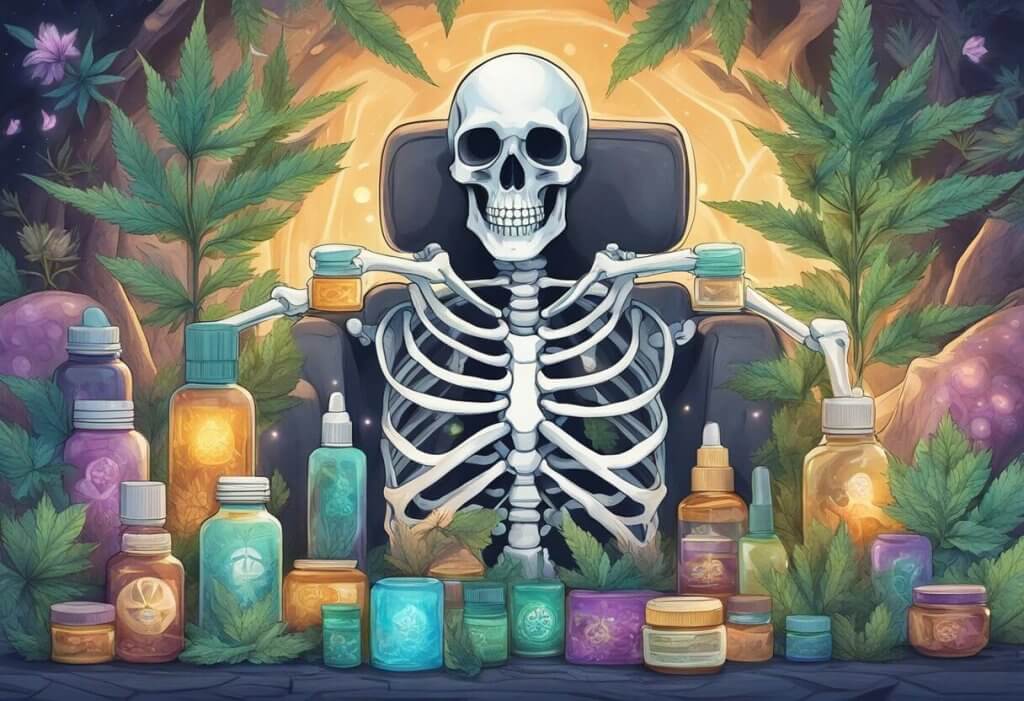 A skeleton surrounded by CBD products, with a glowing aura around the bones, symbolizing strength and support