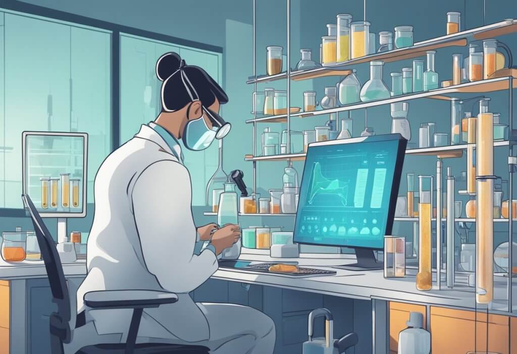 A laboratory setting with test tubes, beakers, and scientific equipment. A researcher is examining bone samples while a computer screen displays data on CBD's effects on bone strength