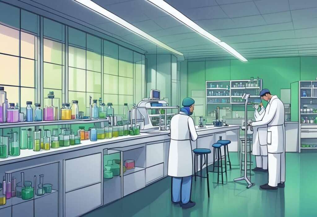 A lab setting with vials of antibacterial CBD, equipment, and researchers discussing potential clinical applications