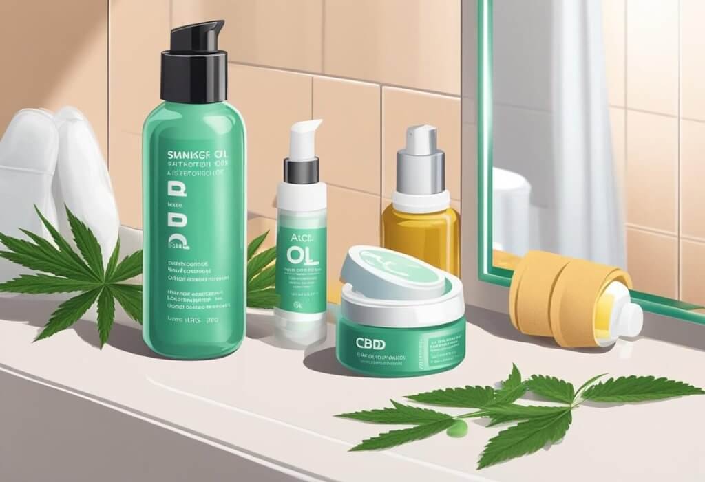 CBD for Acne - A clear bottle of CBD oil sits on a bathroom counter, surrounded by skincare products. A tube of acne cream is open, with a small amount squeezed out onto a fingertip