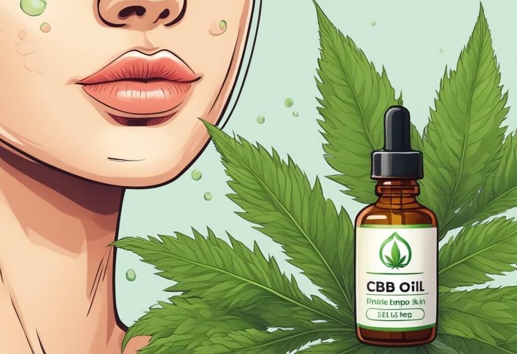 A close-up of a red, inflamed pimple on the skin, with a bottle of CBD oil and a leafy hemp plant in the background