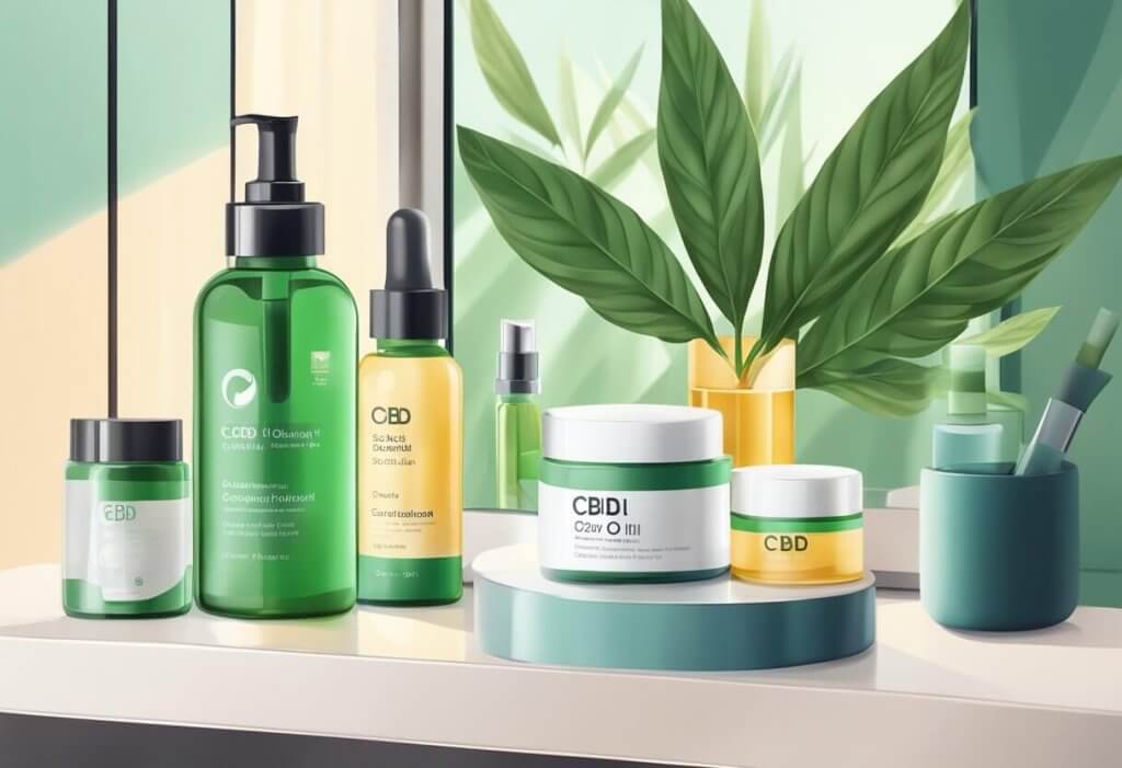 A bottle of CBD oil sits next to a skincare routine, with a mirror reflecting clear, radiant skin. A gentle, calming atmosphere surrounds the scene