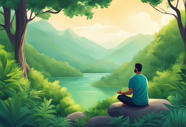 CBD for addictions. A serene nature scene with a person meditating among lush greenery, symbolizing the use of CBD for addiction relief