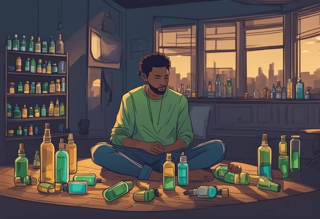 A person sitting in a dimly lit room, surrounded by empty pill bottles and alcohol containers, with a bottle of CBD oil in the center